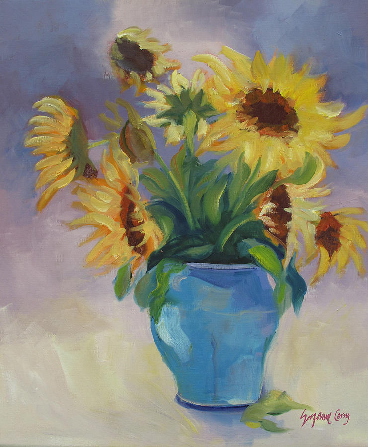 741x900 Sunflowers In Blue Vase Painting By Suzanne Cerny - Blue Vase Painting