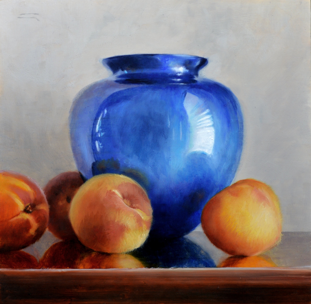 1000x976 Blue Vase And Peaches And A Poll Lisa Gloria - Blue Vase Painting