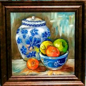 300x300 Yvette Andino Art Oil Painting 16x16 Framed Blue Vase, Fruit Bowl - Blue Vase Painting
