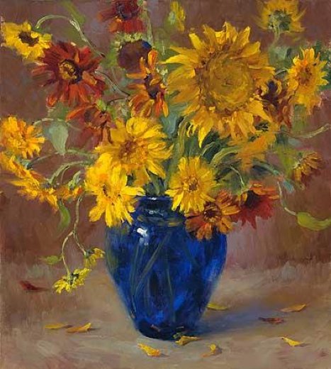 467x520 Original Paintings A Bunch Of Chrysanthemum In A Blue Vase - Blue Vase Painting