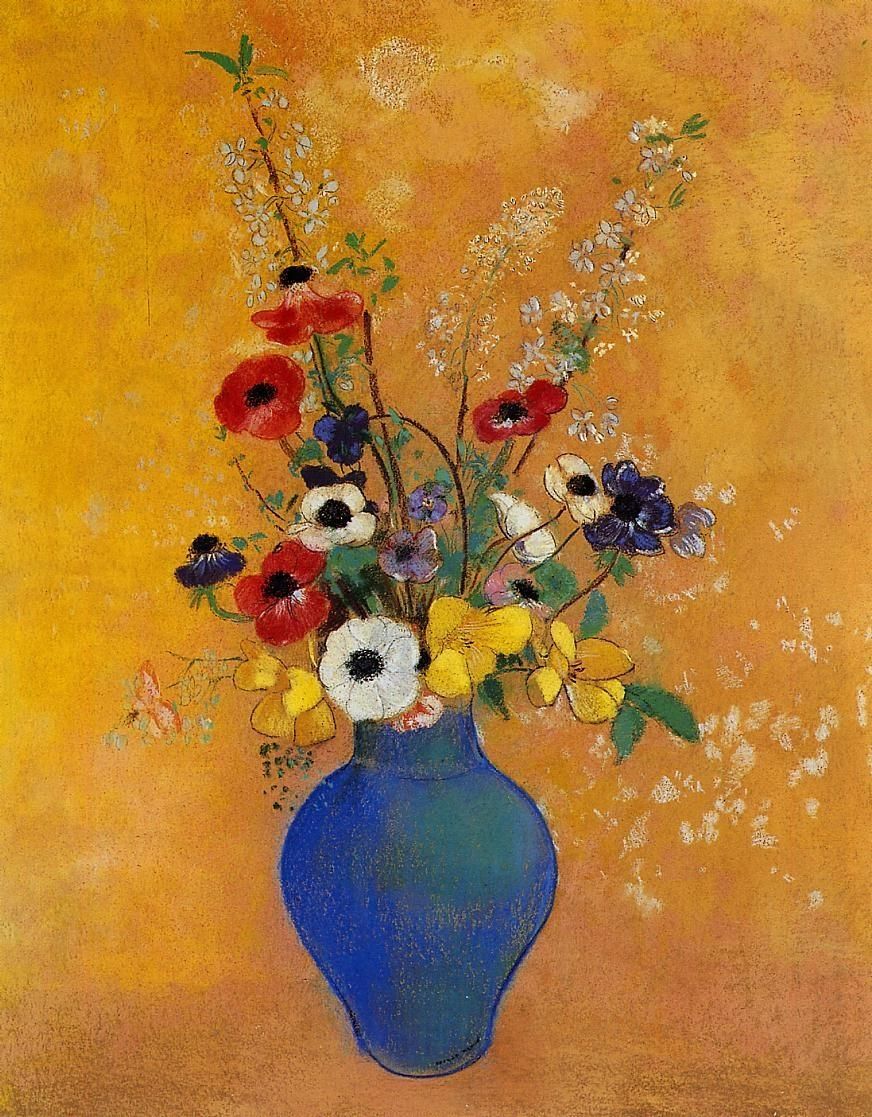 872x1117 Painting Of Yellow Flowers In Blue Vase By Famous Artists Odilon - Blue Vase Painting