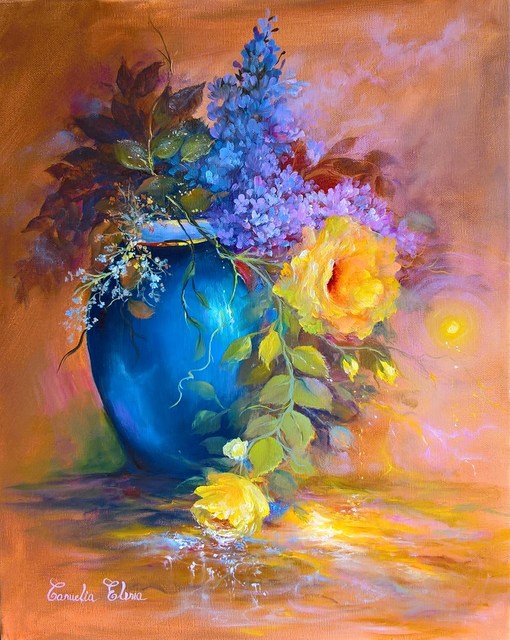 510x640 Camelia Elena Artwork Lilac In Blue Vase Original Painting Oil - Blue Vase Painting