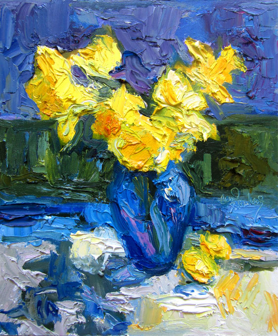 562x678 Carol Steinberg Daffodils In Blue Vase - Blue Vase Painting