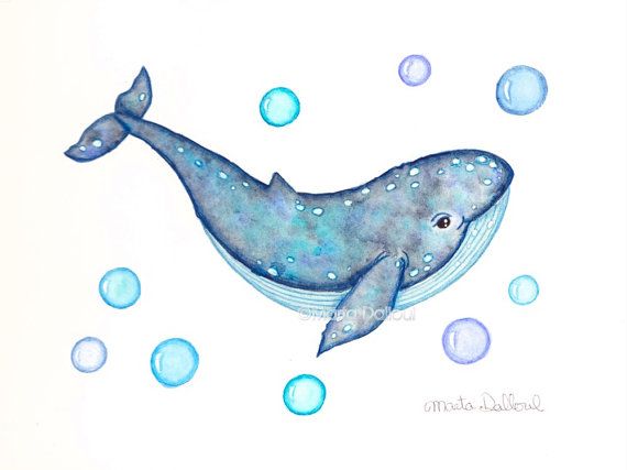 570x427 Whale Art Print. Sea Nursery Art. Under The Sea Nursery Decor - Blue Whale Painting