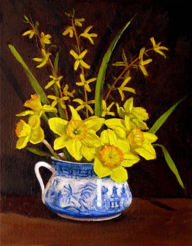 623x800 Daffodils In Blue Willow Vase Original Oil Painting Dutch Style - Blue Willow Painting