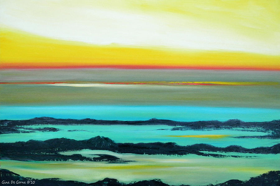 900x600 Lava Rock Sunset In Yellow And Blue Painting By Gina De Gorna - Blue Yellow Painting