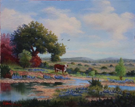 570x452 Hereford Cow In Bluebonnet Field Oil Painting Bluebonnets Oil - Bluebonnet Oil Painting