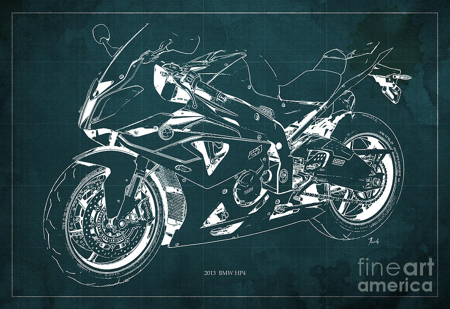 900x618 Bmw Hp4 2013 Blueprint Motorcycle, White Line, Vintage Background - Blueprint Painting