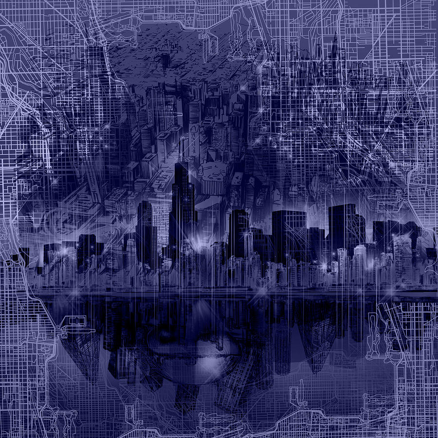 900x900 Chicago Skyline Blueprint Painting By Bekim Art - Blueprint Painting