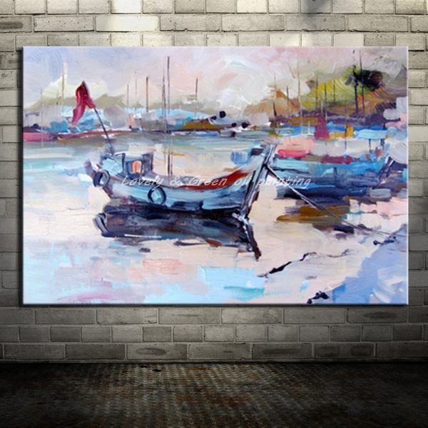 600x600 Hand Painted Canvas Painting Abstract Arts Poster Boat Landscape - Boat Canvas Painting