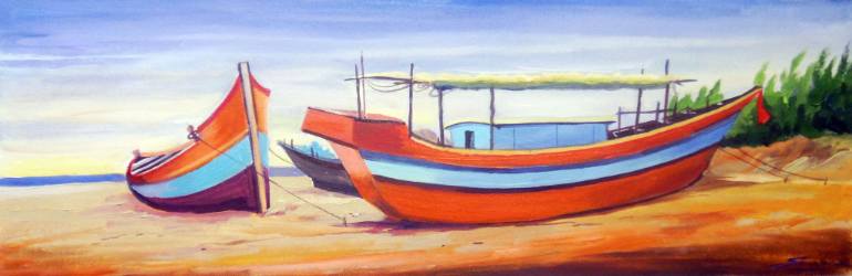 770x250 Saatchi Art Fishing Boats - Boat Canvas Painting