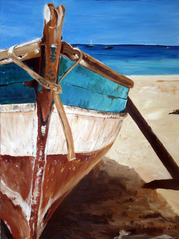 570x761 Original Painting Canvas Seascape Boat Rustic By Agatasartcorner - Boat Canvas Painting