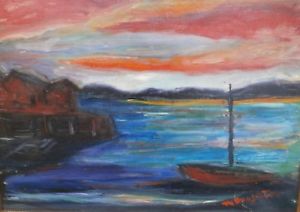 300x212 Boat Amp Dock Under An Orange Sky Expressionist Painting 1960s Maxim - Boat Dock Painting