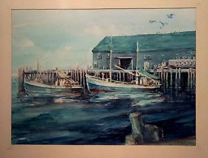 300x228 Original Watercolor Painting Nautical Boat Dock And Boat House - Boat Dock Painting