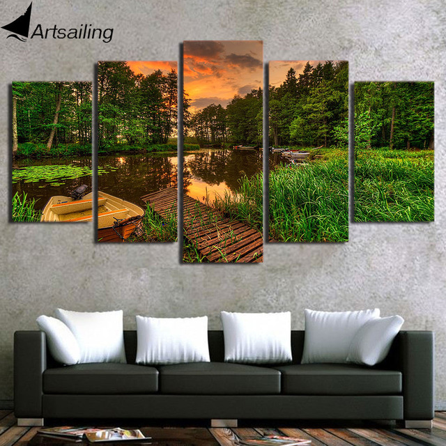 640x640 5 Piece Art Canvas Painting Room Decoration Hd Printed Boat Dock - Boat Dock Painting