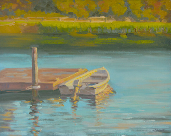 570x456 Sunset Beach Oil Painting Boat Dock Pier Water - Boat Dock Painting