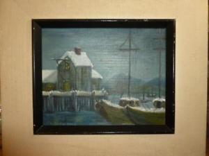 300x225 Vintage Signed Canvas Board Painting Boat Dock In Winter Wood - Boat Dock Painting