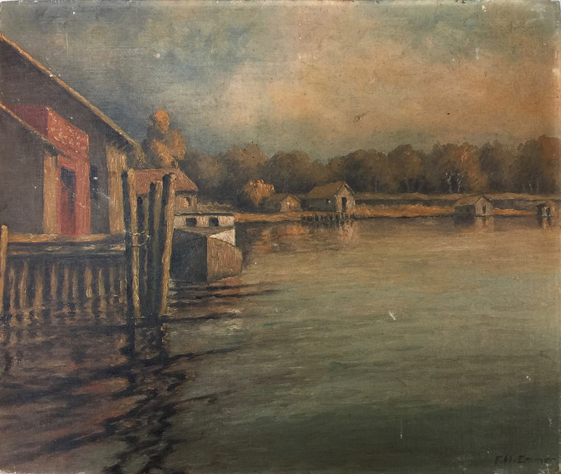 800x676 Antique Boat Dock Lake Harbor Oil On Canvas Board F.h. Immer - Boat Dock Painting