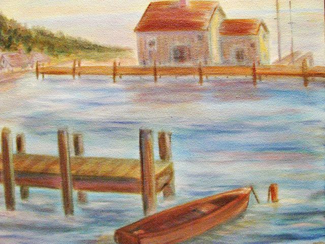 640x480 Art Painting Nautical Lake Boat Dock Canvas Original Aqua Pink - Boat Dock Painting