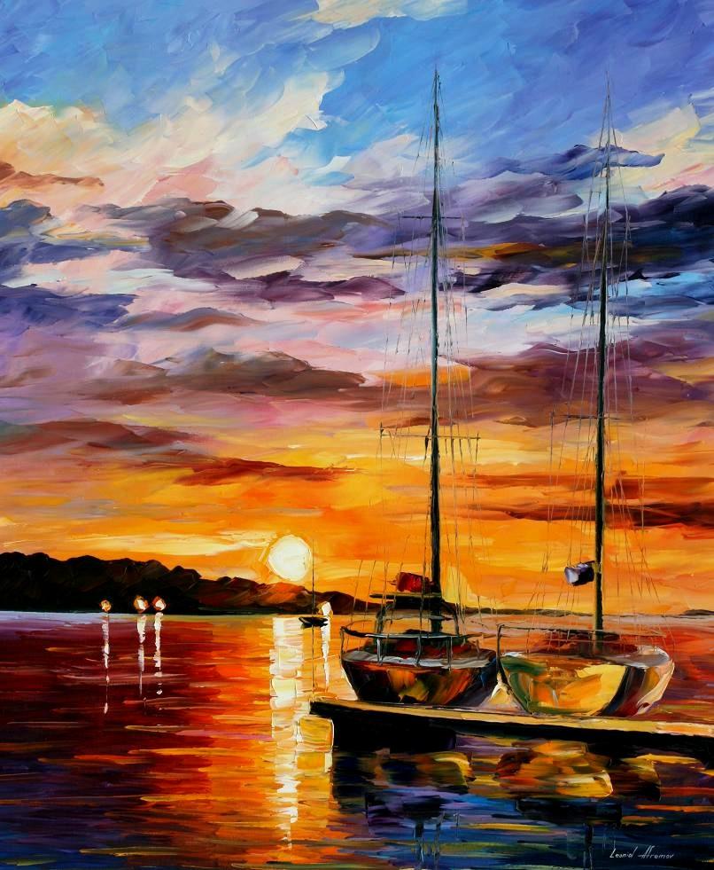 806x981 By The Dock Palette Knife Oil Painting On Canvas By Leonid - Boat Dock Painting