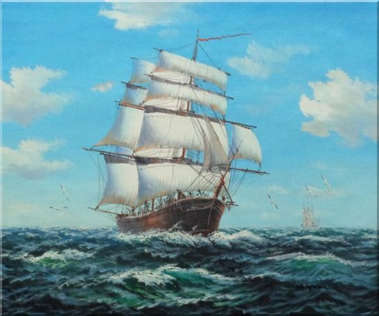 547x456 Framed Big Fully Rigged Masted Ship Sailing On The Ocean Oil - Boat In Ocean Painting