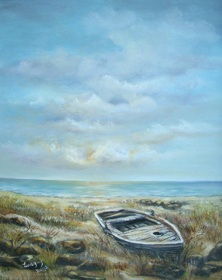 715x900 Old Boat Beached Painting By Katalin Luczay - Boat In Ocean Painting