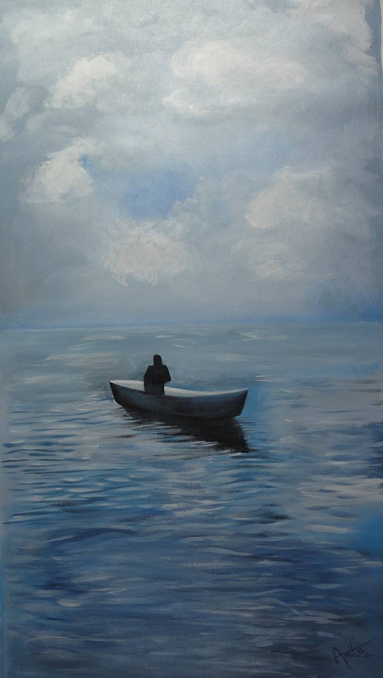 770x1363 Saatchi Art Ocean Art - Boat In Ocean Painting