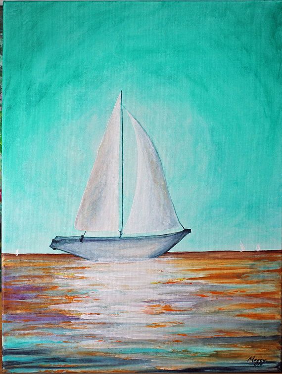 570x757 Sail Boat Original Abstract Painting,ocean,wave,reflection - Boat In Ocean Painting