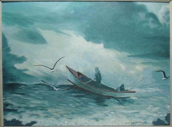 600x444 Carl Burrows Acrylic Painting Of Fishermen In A Boat On The Ocean - Boat In Ocean Painting