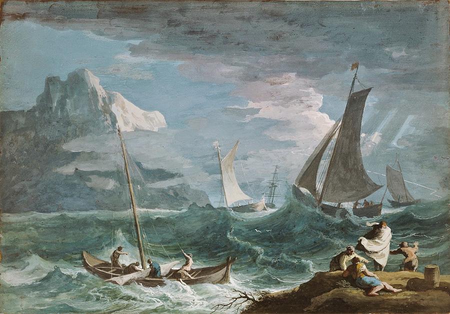 900x628 Fishing Boats In A Storm Painting By Marco Ricci - Boat In Storm Painting