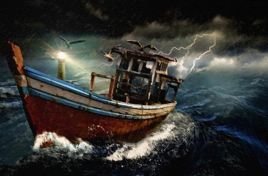 900x594 Old Fishing Boat In A Storm L B Painting By Gert J Rheeders - Boat In Storm Painting