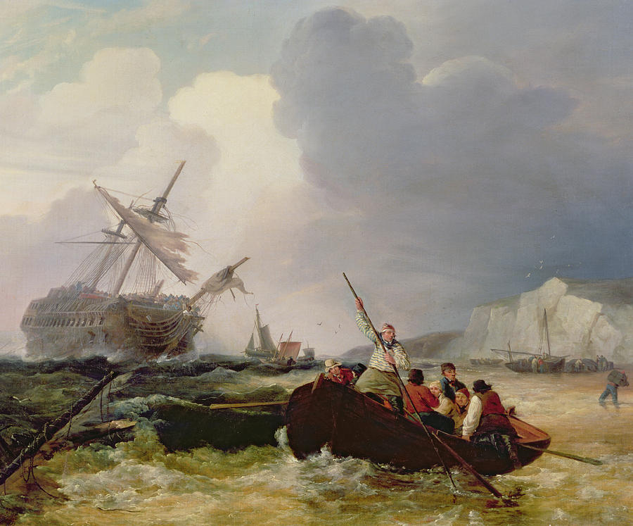 900x747 Rowing Boat Going To The Aid Of A Man O' War In A Storm Painting - Boat In Storm Painting