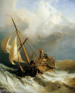 244x300 Sailboat Ocean Storm Boat Painting By Stanfield Art Repro On Paper - Boat In Storm Painting
