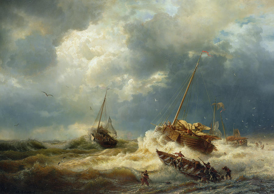 900x636 Ships In A Storm On The Dutch Coast Painting By Andreas Achenbach - Boat In Storm Painting