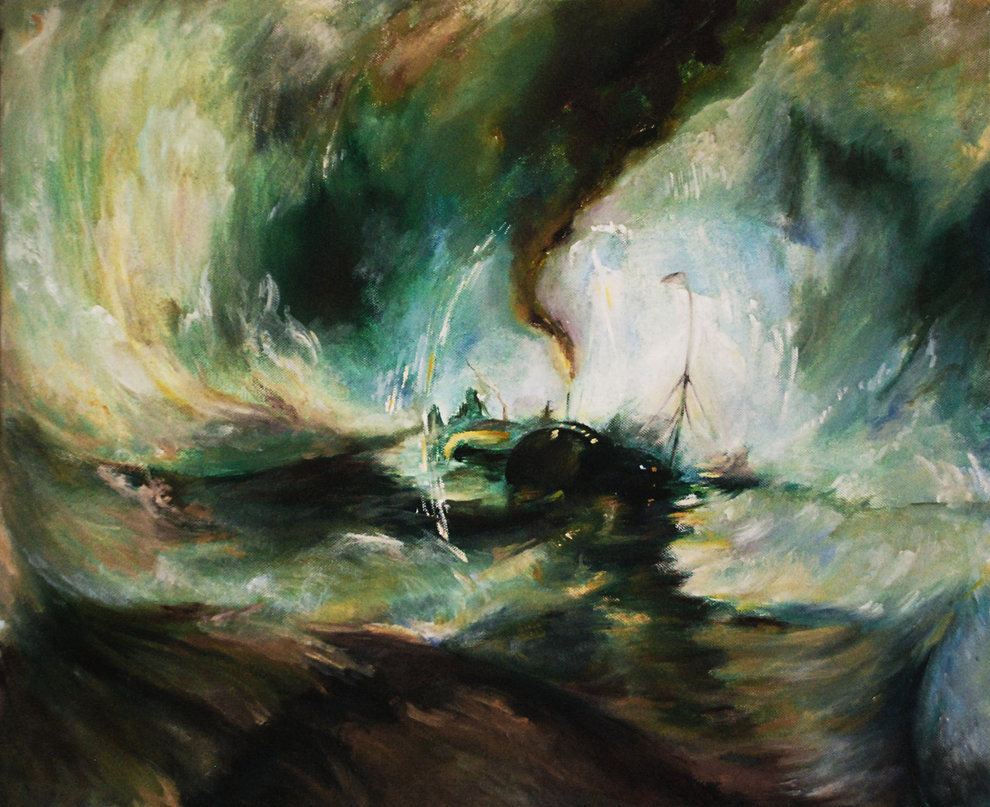 990x807 Snow Storm - Boat In Storm Painting