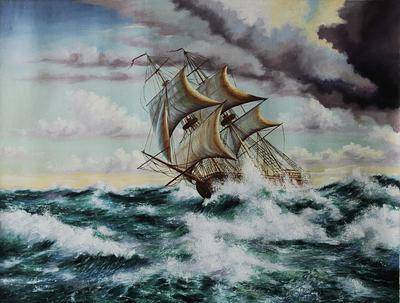 400x303 Tall Ship Oil Painting - Boat In Storm Painting