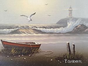 300x225 Peter Garner Original Oil Painting Ocean Lighthouse Seagulls - Boat Oil Painting