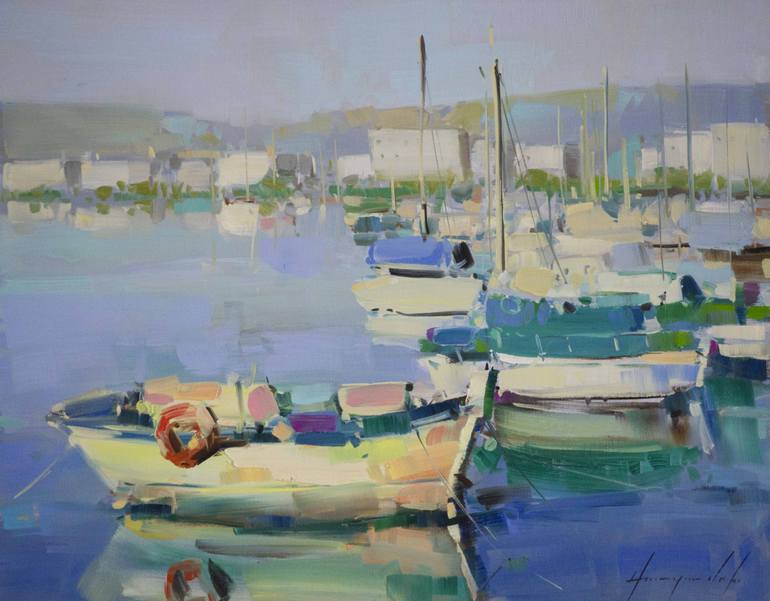 770x601 Saatchi Art Boats Harbor Oil Painting On Canvas One Of A Kind - Boat Oil Painting