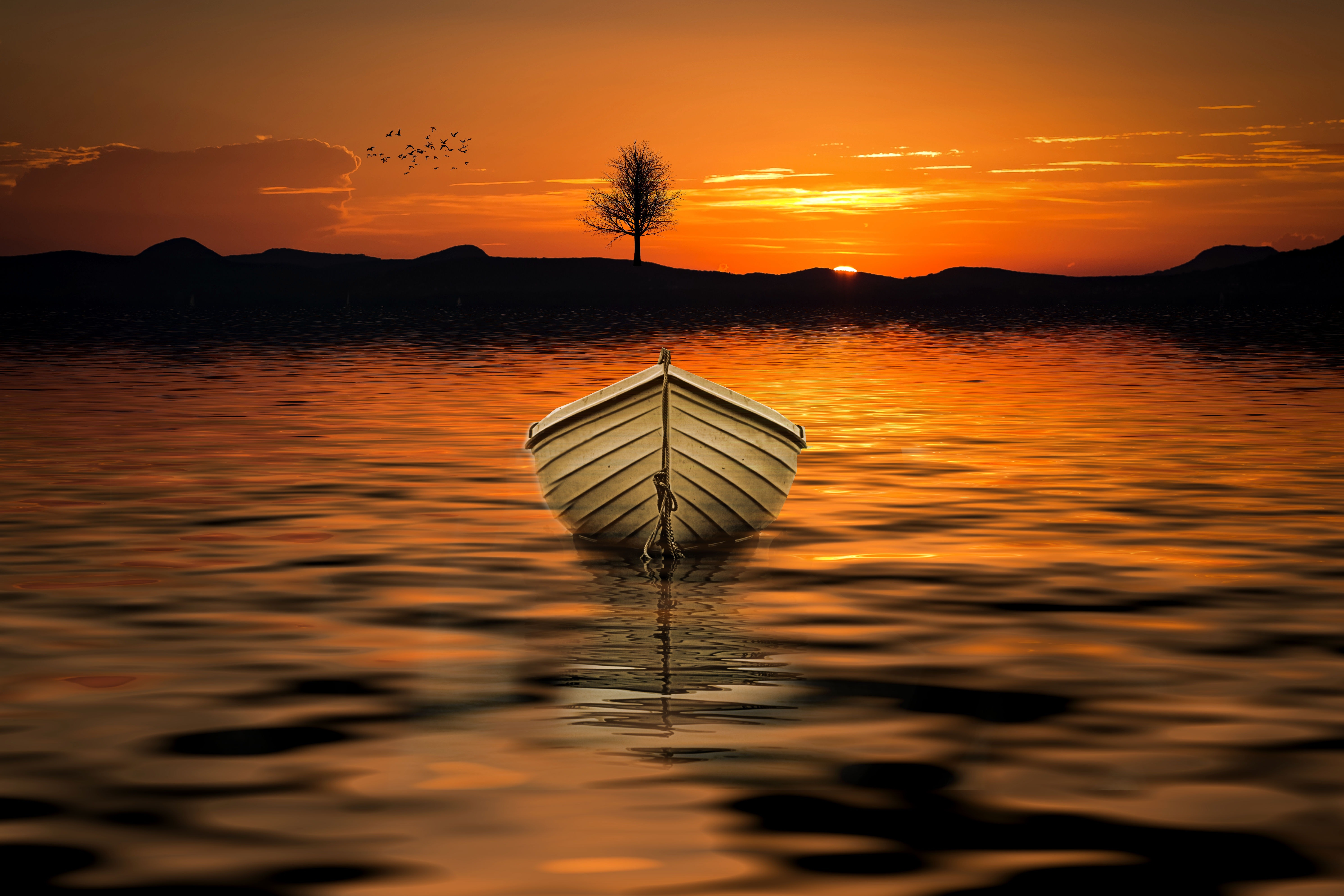 5968x3979 Free Photo Brown Row Boat On Body Of Water Painting - Boat On Water Painting