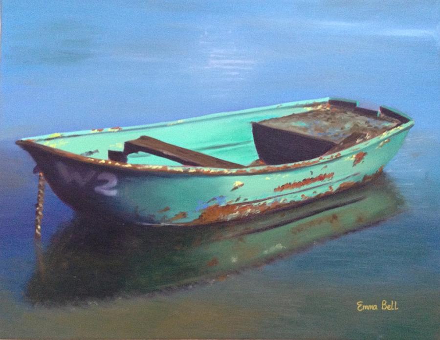 900x696 Old Green Boat On Calm Water Painting By Emma Bell - Boat On Water Painting