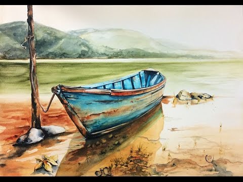 480x360 Watercolor Wooden Boat On A Lake Painting Demonstration - Boat On Water Painting