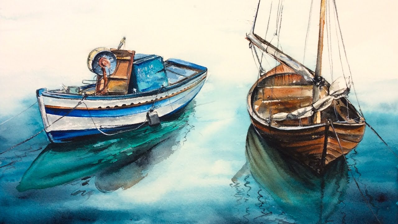 1280x720 Watercolor Wooden Boats On A Water By Marina Painting - Boat On Water Painting