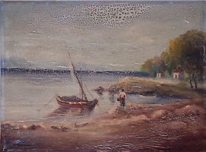 300x221 Antique Original Oil Painting Fisherman Walking To Boat On Water - Boat On Water Painting