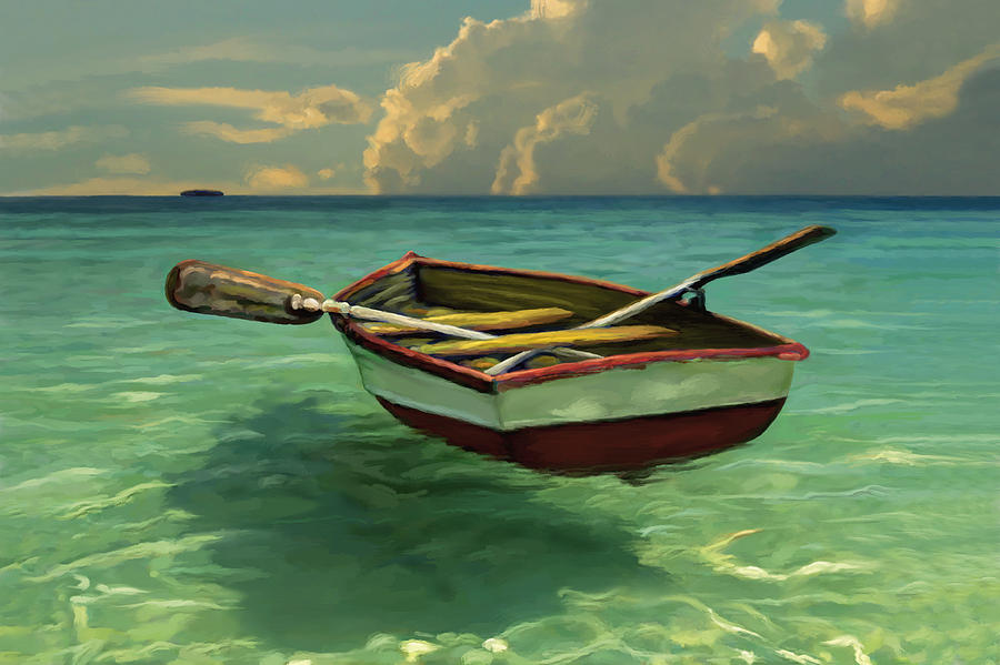 900x599 Boat In Clear Water Painting By David Van Hulst - Boat On Water Painting