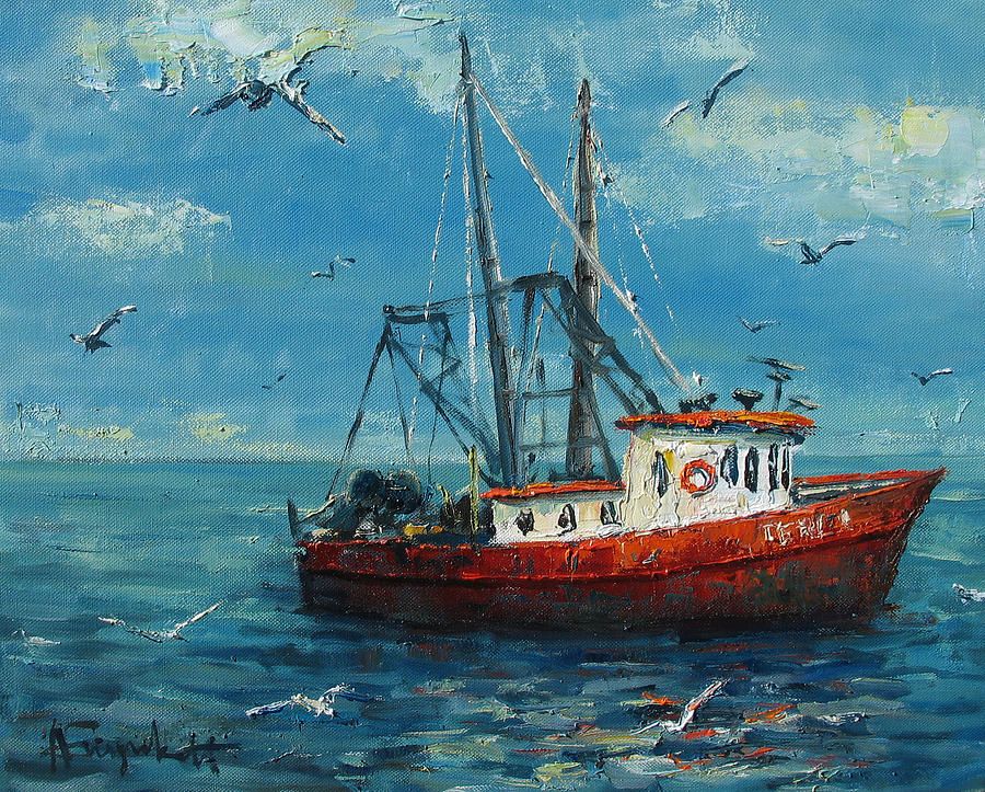 900x723 Fishing Boat Paintings Just Showing Off Fishing Action - Boat Painting