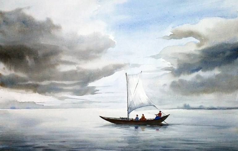 770x490 Saatchi Art Cloudy River Amp Boat - Boat Painting