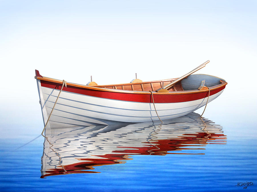 900x674 Scarlet Reflections Painting By Horacio Cardozo - Boat Painting