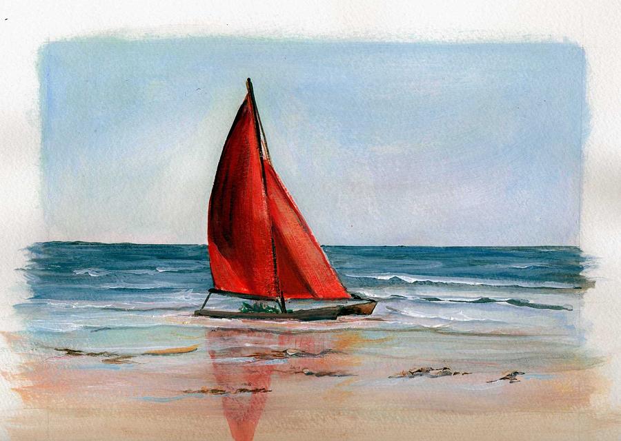 900x640 The Red Sail Boat Painting By Sue Coley - Boat Painting