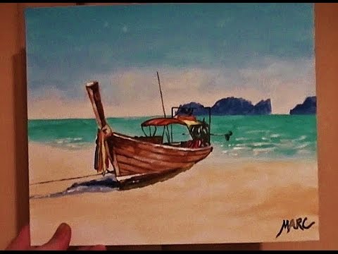 480x360 Tropical Beach Boat Acrylic Speed Painting - Boat Painting
