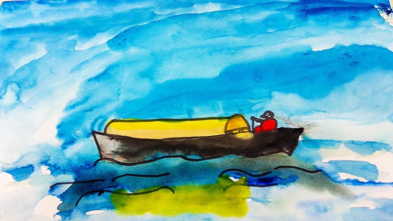 1280x720 How To Draw Boat Man With River For Baby Learning Paint For Kids - Boat Painting For Kids